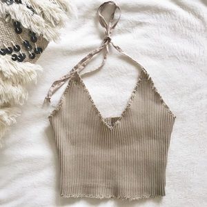 Raw Edge Distressed Beige Halter Crop-top